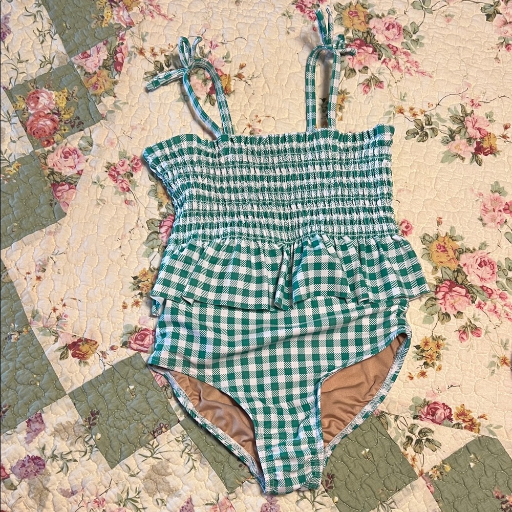 Old Navy Green Checkered Kids Swim One Piece